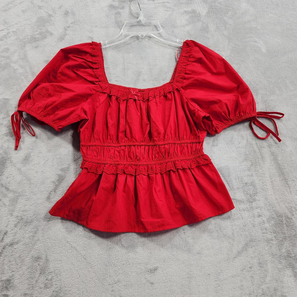 NEW Coco & Shay Top Juniors M Red Square Neck Puff Sleeve Smocked Peplum Blouse